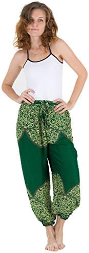 Harem Garden Low Waisted Harem Pants - Mini Elephant Feather Mandala Hippie Bohemian Boho Yoga Pants (Elephant Green, Medium)