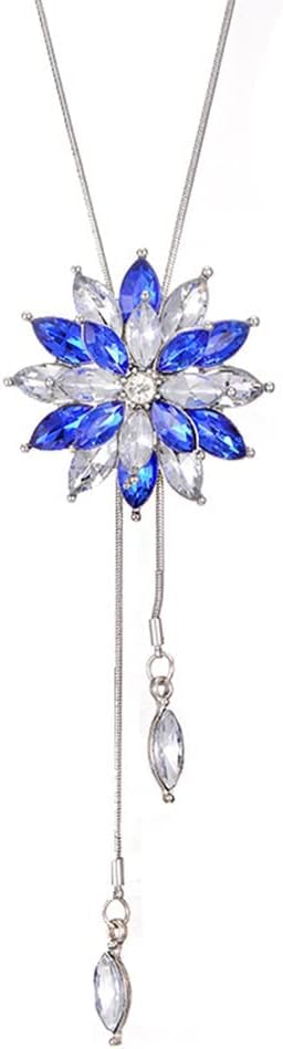 TOFBS Rhinestone Floral Pendant Long Necklace for Women Sweater Chain Statement Necklace Choker Adjustable Elegant Jewelry Accessories Dressy Collocation Winter Evening Party Wedding (Blue)