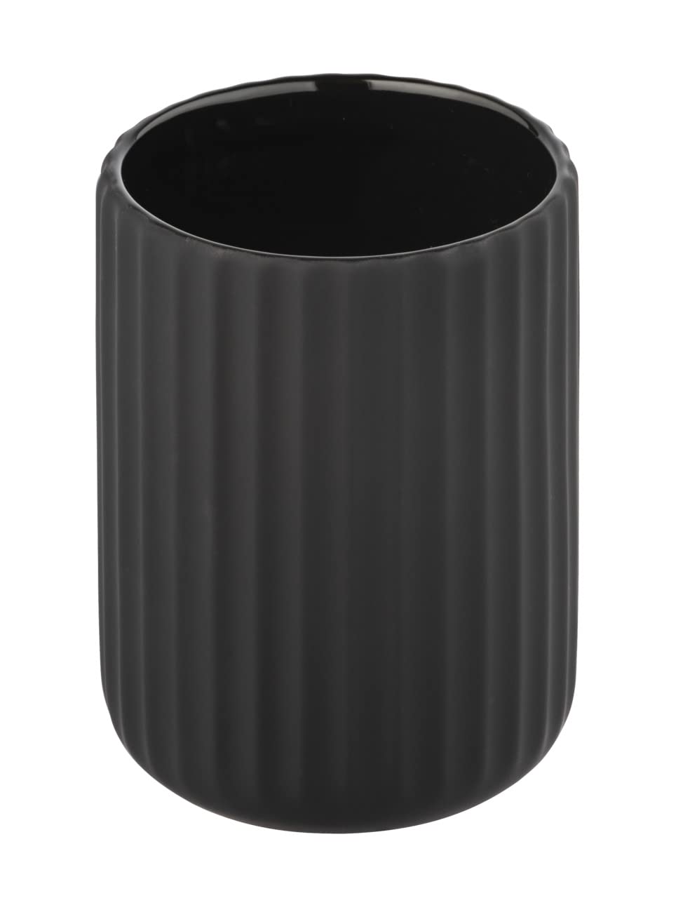 WENKO Belluno Toothbrush Holder for Toothbrush and Toothpaste Made of Elegant Ceramic with Modern Curves Ribbed Soft-Touch Surface in Matte Black Diameter 8 x 11 cm