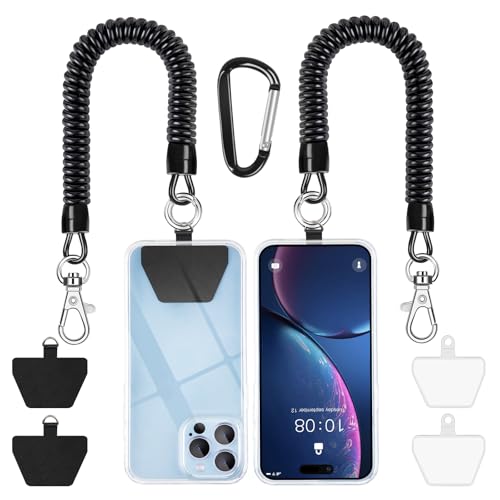 Photo 1 of SHANSHUI Phone Lanyard Tether, Anti Theft Spring Phone Strap, 4 x Phone Pacthes & Climbing Hook Universal Phone Lanyard for Keys Outdoor Skiing Hiking Fishing Fitting for All Smartphones - 2PCS Black