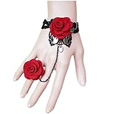 Lefinis Handmade Gothic Lolita Retro Lace Slave Bracelet Ring Set Red Rose Flowers Wristband