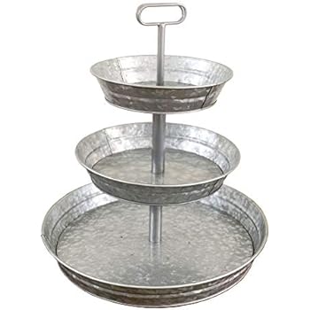 3 Tier Galvanized Metal Stand (Large) Twin Handle Farmhouse Style Serving Tray | Perfect for Rustic, Vintage Decoration in Kitchen and Dining Room