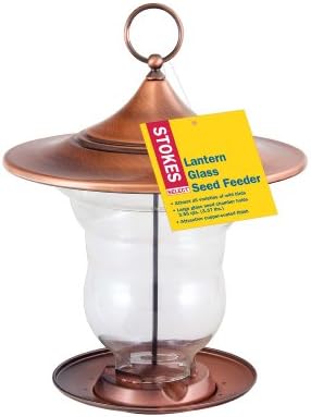 Stokes Select Lantern Glass Seed Bird Feeder with Metal Roof, Brushed Copper, 3.37 lb Seed Capacity