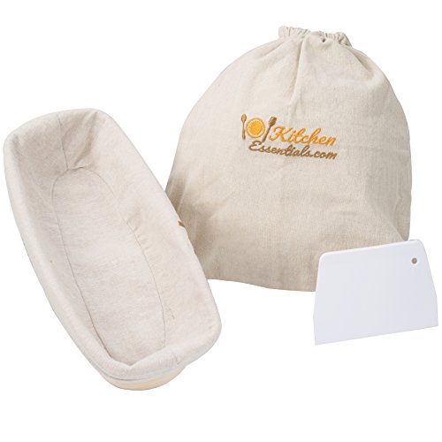 4-In-1 Oval Bread Proofing Basket Set – 12 inch Banneton Proofing Basket + Liner + Scraper + Linen Bag – Rectangle Brotform Proofer Bowl for Artisan Bread, Sourdough, Loaves & Others