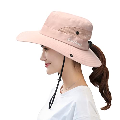 Womens UV Protection Wide Brim Sun Hats Cooling Mesh Ponytail Hole
