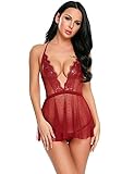 Avidlove Women Deep V Halter Lingerie Lace Babydoll Mesh Chemise Sleepwear Dark Red S