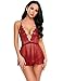 Avidlove Women Deep V Halter Lingerie Lace Babydoll Mesh Chemise Sleepwear Dark Red S