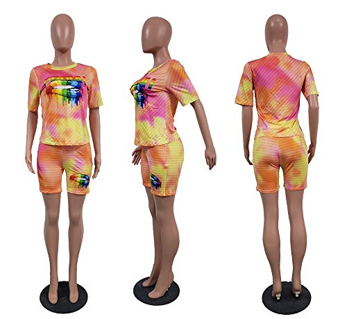 Halfword Womens 2 Piece Shorts Outfits Spandex Biker Lip Print Shorts Set Outfit Two Piece Tracksuits
