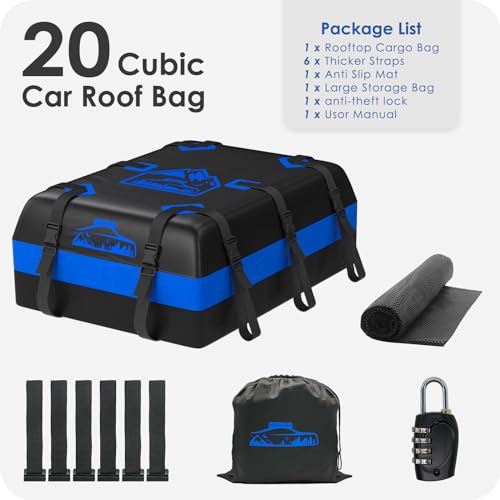 BOYUJK Car Roof Bag - 20 Cubic/566L, Waterproof, No Rack Needed, Anti-Slip Mat & 6 Heavy-Duty Straps, Folding Soft Roof Box (Blue, 566L)