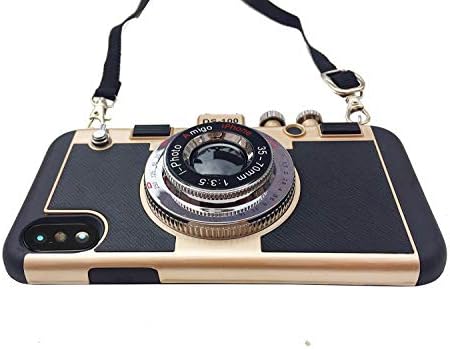 MeiQing iphone XS Max Case for Women Modern 3D Vintage Style Camera Design with Long Strap/Screen Protective (Gold)