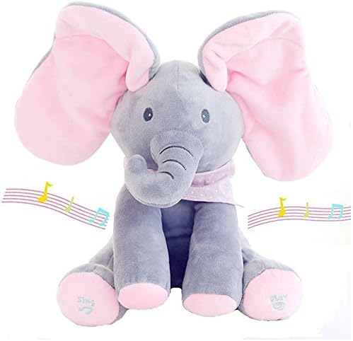 Willcome 30cm Seek and Hide Singing Plush Stuffed Elephant Toys Animal Kid Doll Gift, Grey+Pink