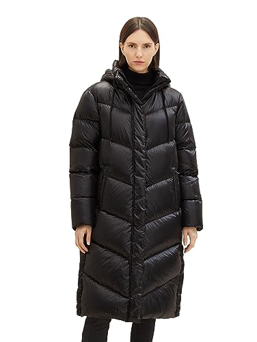 TOM TAILOR Damen Recycled Down Puffer Mantel mit abnehmbarer Kapuze, deep black, XXL