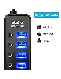Powered USB Hub 3.0, Atolla 7-Port USB Data Hub Splitter with One Smart Charging Port and Individual On Off Switches and 5V 4A Power Adapter USB Extension for MacBook, Mac Pro Mini and More.