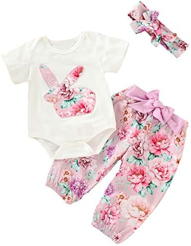 3Pcs Outfit Set Baby Girls Easter Day Bunny Floral Tops Pant Clothing Set