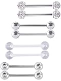 Mudder 4 Pairs Barbell Ring 316L Stainless Steel Cubic Zirconia Tongue Rings Body Piercing, 14 Gauge (Steel Color)