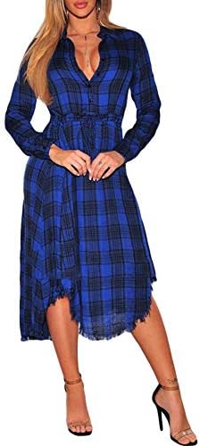 Paitluc Women Plaid Button Down V Neck Casual Long Sleeve Tunic Irregular Hem Shirts Dress