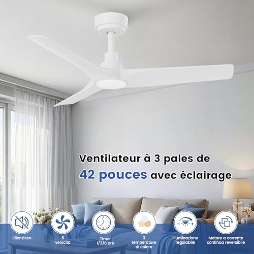 AUTODAY Ceiling Fan With Led Light, 18W Dimmable, Silent DC Motor 32W, 106Cm, ABS Blades, Memory Remote, 6 Speed, White