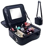 Travel Makeup Bag Makeup Train Case 2 Layer Premium PU Leather Cosmetic Makeup Brush Organizer with Mirror Portable Artist Storage Bag Toiletry Bag (Black)