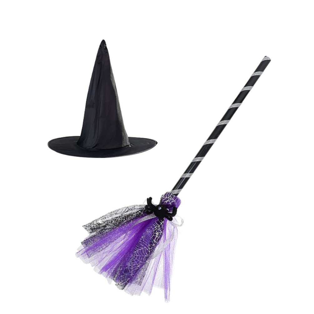 ABOOFAN Halloween Witch Broom Hat Set - Witch Broomstick and Hat Costume Accessory for Halloween & Christmas Party
