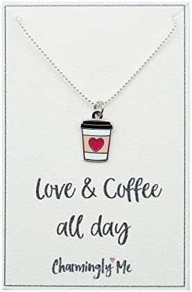 Coffee Cup Enamel Necklace on Romanatic, Anniverary or Friendship "Love &amp; Coffee All Day" Gift Message Card on 16" Chain