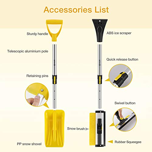 ISILER Extendable Four in One Snow Removal Kit with Snow Shovel, Ice Scraper, Snow Brush and Squeegee for Cars Trucks