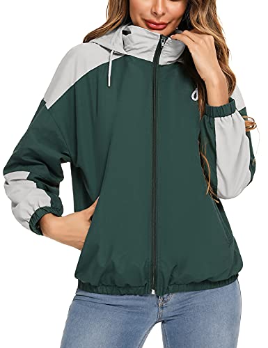 Doaraha Damen Doaraha regnjakke til kvinder vandtæt overgangsjakke parka vindjakke kort Damen Regenjacke, Kurz-Dunkelgrün+grau, XL EU