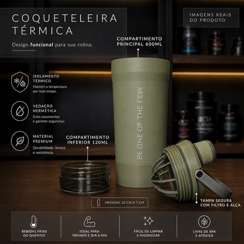 Coqueteleira Térmica ELLYM NUTRITION 600ml Com Compartimento Whey Inox Academia Profissional Shaker (Verde)