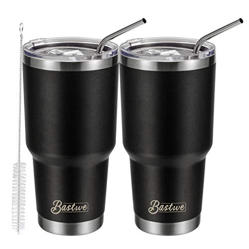 2 Pack 30oz Vacuum Insulated Tumblers, Bastwe Double Wall Stainless Steel Travel Mug with Lid and Straw for Home, Office, School, Works Great for Ice Drink, Hot Beverage (Black)