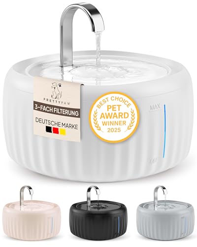 PrettyPaw Cat Fountain - Super Quiet, BPA-Free 3L Drinking Fountain for Cats with LED and Activated Carbon Filter - Easy to Clean Cat Drinking Fountain - Aqua Flow (White)