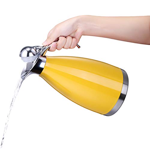 BonNoces 68 Oz Thermal Carafe/Coffee Carafe - 2L Stainless Steel Double Wall Vacuum Insulated Thermos Pot - Metal Lid and Handle, Food Grade Silicone (Yellow)