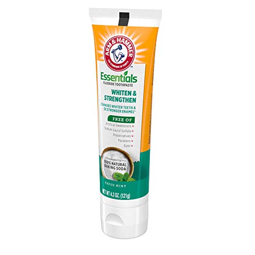 ARM & HAMMER ESSENTIALS WHITEN & STRENGTHEN FLUORIDE TOOTHPASTE-4 PACK OF 4.3OZ TUBES, FRESH MINT- 100% NATURAL BAKING SODA- FLUORIDE TOOTHPASTE