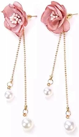 MOMEPE Women 3D Flower Ear Stud Pearl Long Fringe Dangle Clip On Earrings Pink