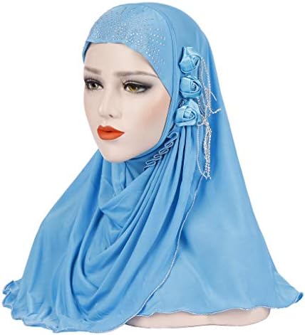 Women Muslim Hijab Long Scarf wrap Scarves Flowers Silk Turban Hat Head Shawls Islamic Sunscreen Headscarf,Sky Blue