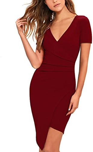 BOKALY Women Bodycon Dress Party Casual V Neck Ruched Wrap Pencil Cocktail Dresses 258 (Wine Red Short, XL)