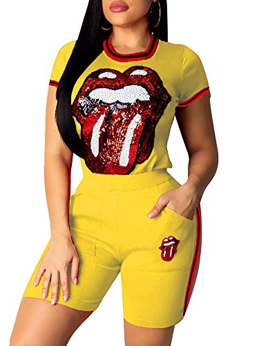 image for NVXIYYA Women Sports Activewear Set Sequins Tongue Print Tunic T-Shirt