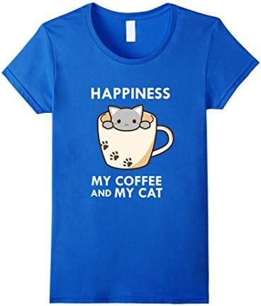Women's Happiness My Coffee &amp; My Cat T-Shirt Cute Kitty Lover Paws Large Royal Blue