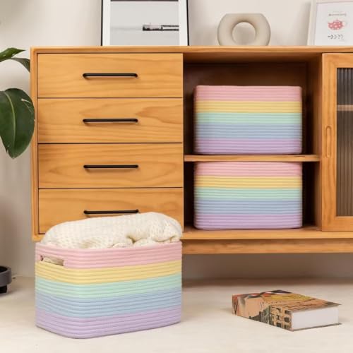 Beauenty Woven Storage Baskets,3 Pack Collapsible Rainbow Woven Storage Bins for Shelves,Soft Boho Organizer Baskets for Kids Room,Nursery,Playroom,Classroom