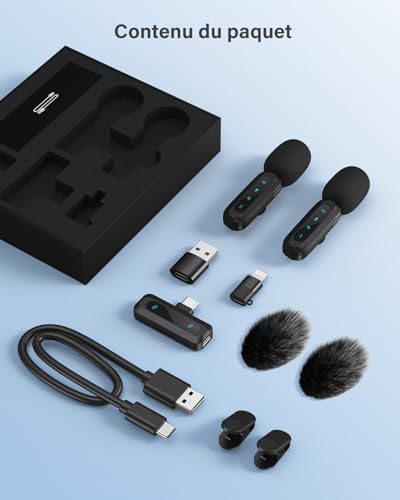Wireless Lavalier Microphone for iPhone, iPad, Android Phone, 2-Pack Mini Microphone with Noise Reduction, Auto Pairing, Mute and Reverb for Vlogging, Video Recording