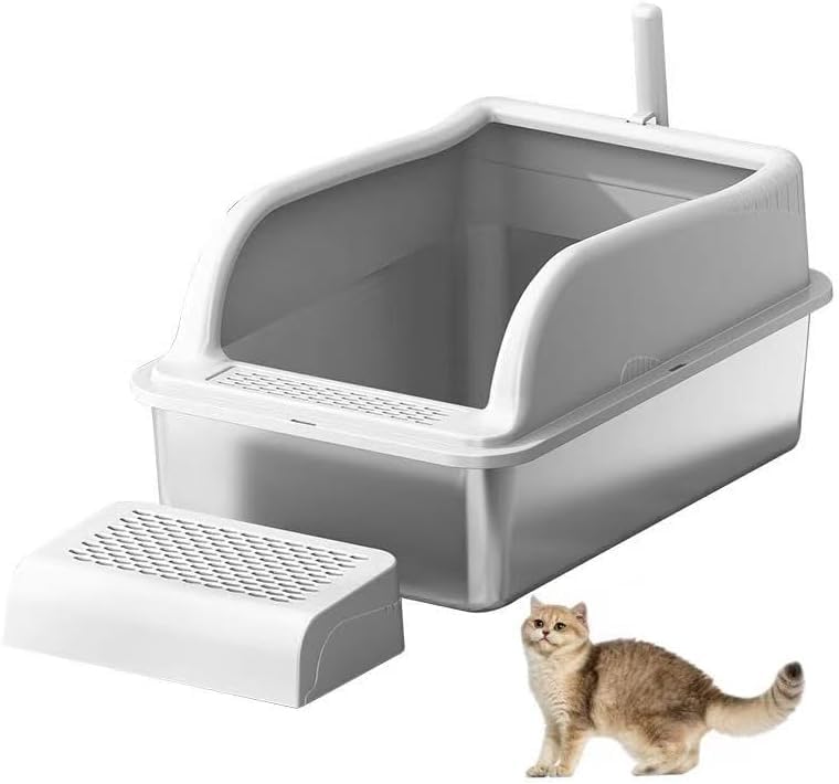SLEEPHEAD® Stainless Steel Cat Litter Box，Metal Kitty Litter Box with High Wall Sides Enclosure for Big and Small Cats,with Footboard and Scoop Odor Control, Easy Clean,Non-Sticky, Anti-Leakage