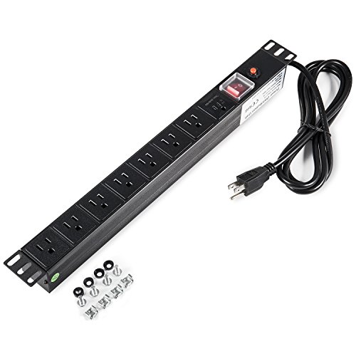 Kungfuking Aluminum Alloy Shell 7 Outlet Rack-Mount Server PDU, Power Distribution Unit, 1U/15A/110V, Power Strip with Surge Protector 6ft Power Cord (Black)