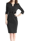 Jusfitsu Women's Vintage V-Neck 3/4 Sleeve Belt Business Pencil Cocktail Dress