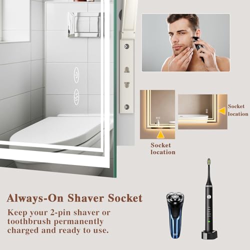 Archaluxe Bathroom Mirror with LED Light: 45x60cm Illuminated Wall Mounted LED-Bathroom-Mirror with Shaver Socket, Anti-Fog,3 Colors Dimmable, Memory Function, IP44 Smart Mirror Horizontal/Vertical