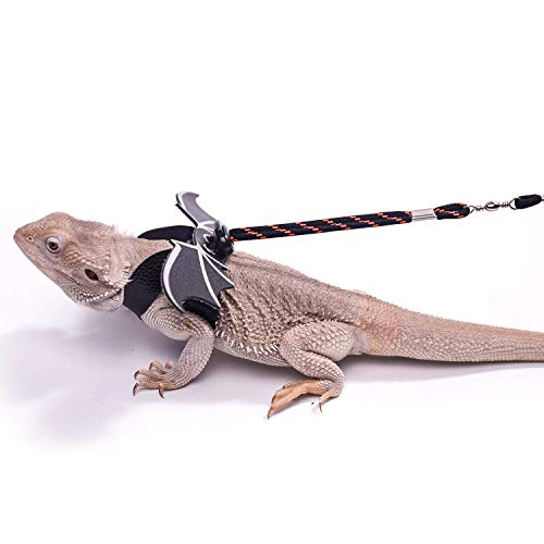 WATFOON Adjustable Bearded Dragon Lizard Comfort Leather Leash Harness with Cool Wings for Reptiles Amphibians Leopard Gecko Anole and Other Small Pet Animals (L, Orange)