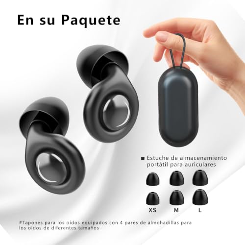 2026 Nuevo Tapones Oídos Ruido Dormir, 48dB tapones reutilizables ultra suaves que reducen el ruido, Silicona flexible, 4 tipos y tamaños XS/S/M/L | para dormir, concentrarse o viajar- Negro