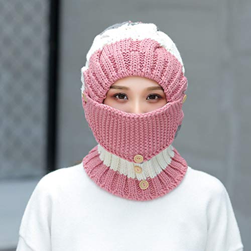 Fleece Lined Women Knit Beanie Scarf Mouth Mask Set for Girl Winter Ski Hat with Pom Pom Thicken Ski Earmuffs Cap - Thumbnail 2