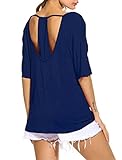 Halife Women's Batwing Sleeve Side Ruched T Shirt Hollow Back Loose Solid Blouse