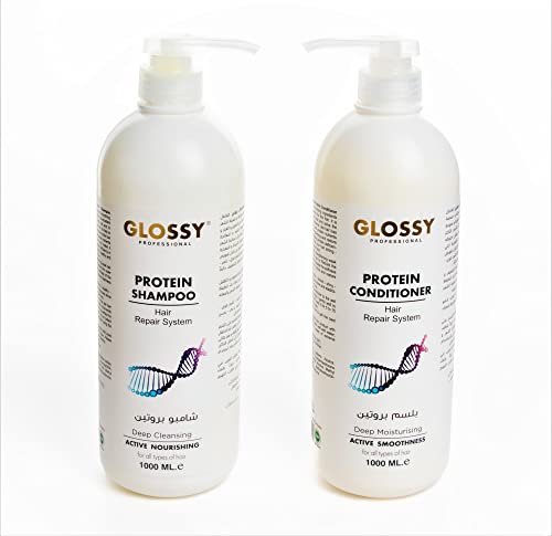 Glossy Professional Shampoo & Conditioner, Natural, Sulphate Free, Deep Cleaning & Hydrating Treatment, After Straightening, Unisex For Daily Use 1000 ML Set of 2 Pce (Protein Shampoo & Conditioner)