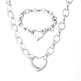 Womens Stainless Steel Silver Elegnat High Polished Heart Charm Cable Link Chain Necklace Bracelet Set