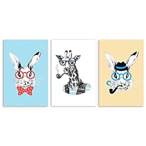 3 Panel Animal Cartoon Rabbits and Giraffe x 3 Panels