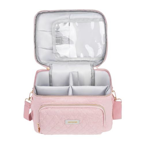 Jaffzora Travel Makeup Bag,Portable Cosmetic Case Organizer with Makeup Brush Compartments,Large Makeup Storage for Women with Divider,Pink